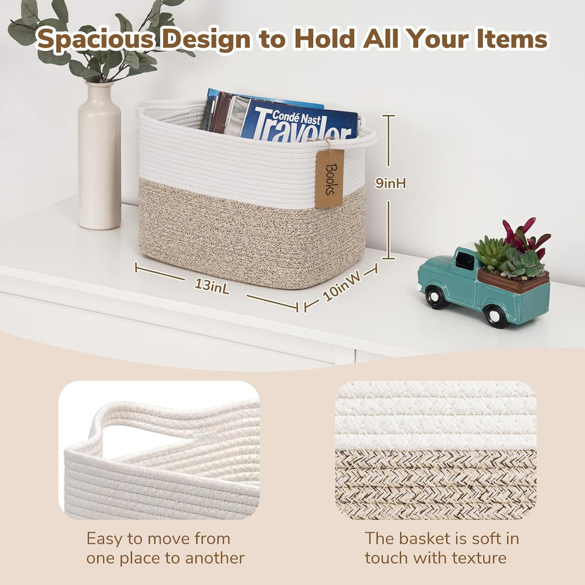 Goodpick Woven Rope Storage Basket for Shelves, Rectangle, Light Brown