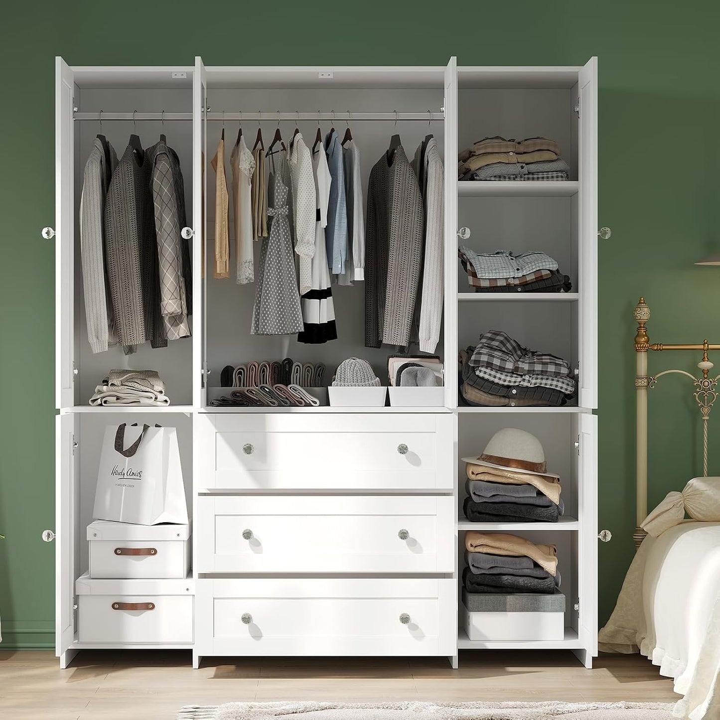 VOWNER 71" Armoire Wardrobe Closet with Drawers and Mirror, 6 Doors