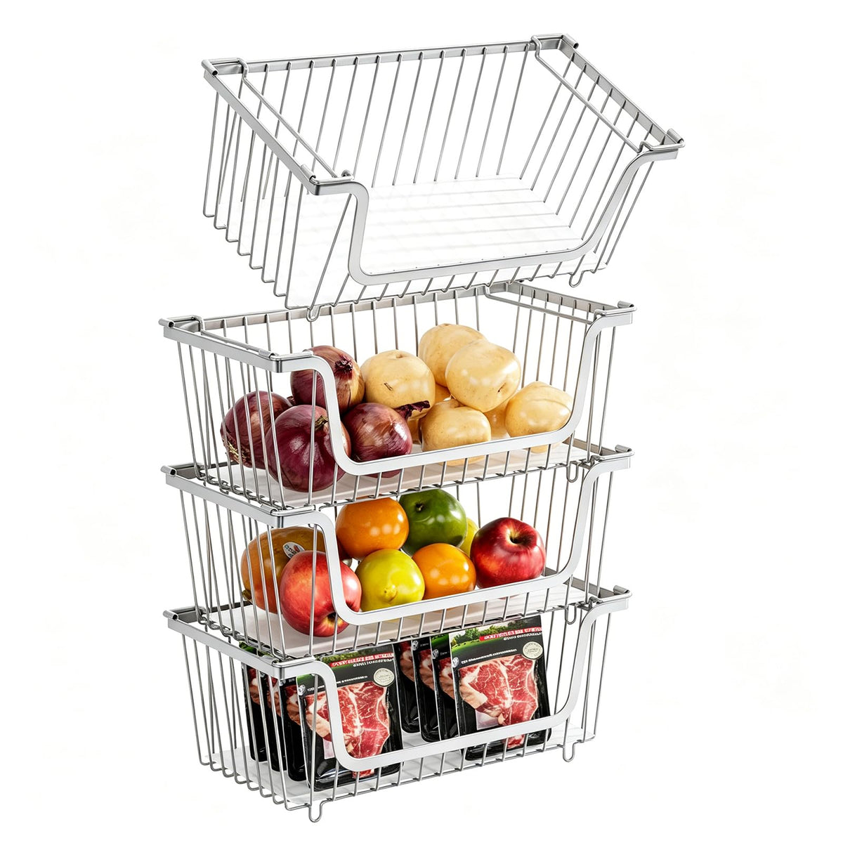 4 Pcs Stackable Wire Baskets Pantry Organizers and Storage Bins,Black