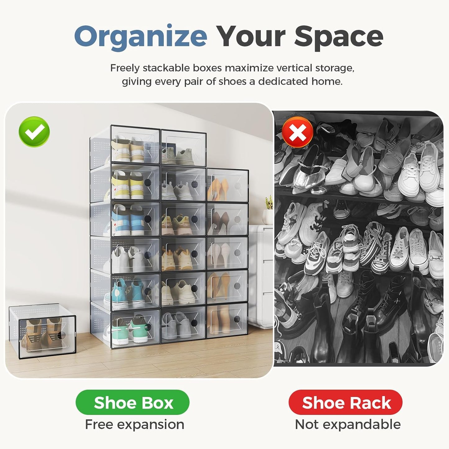 DUMOS Shoe Storage Boxes, 12-Pack Stackable Clear Shoe Containers with Lids, Display Sneaker Case Organizer for Closet, Under Bed, Entryway, Black, Fit Size 11
