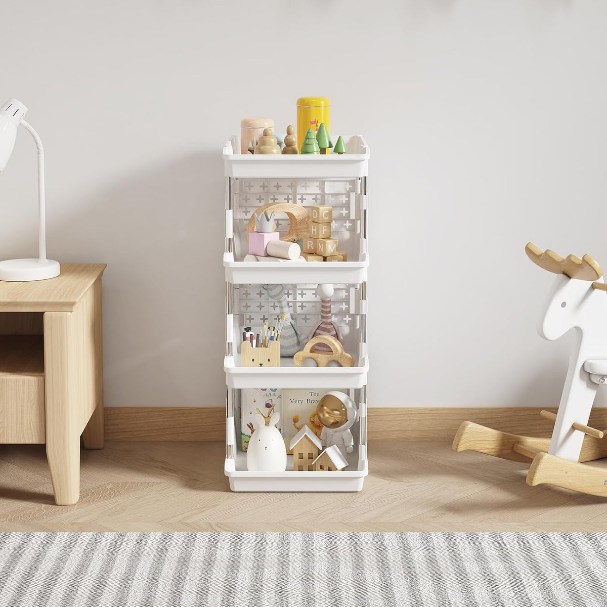 Lifewit Plastic Stackable Storage Baskets, 4 Tier Stacking Bins for Food and Clothes, Multifunctional Organizer for RV, Kitchen, Playroom, Pantry and Bathroom, 13.8"D x 11.8"W x 28.3"H, 1 Pack, White