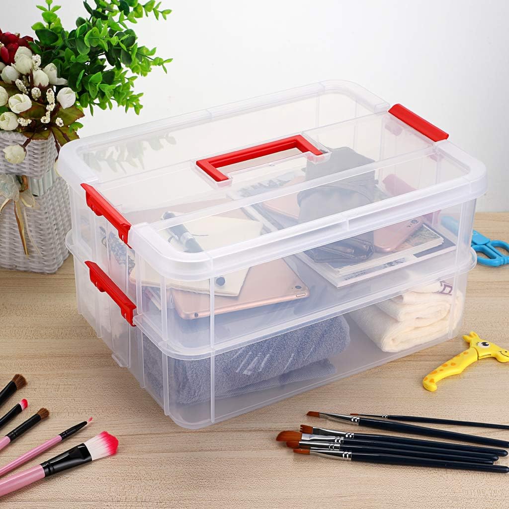 JUXYES 2-Tiers Plastic Stack Carry Storage Containers Box wih Handle Lids