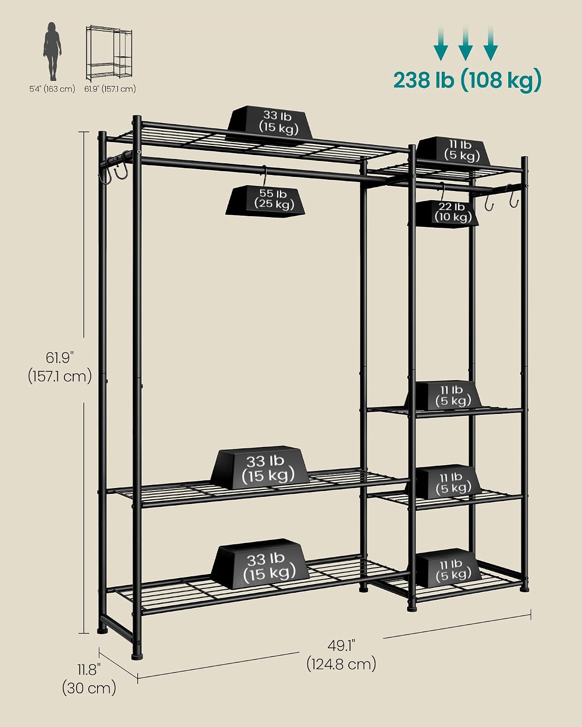 SONGMICS Portable Closet Wardrobe, Freestanding Clothing Rack