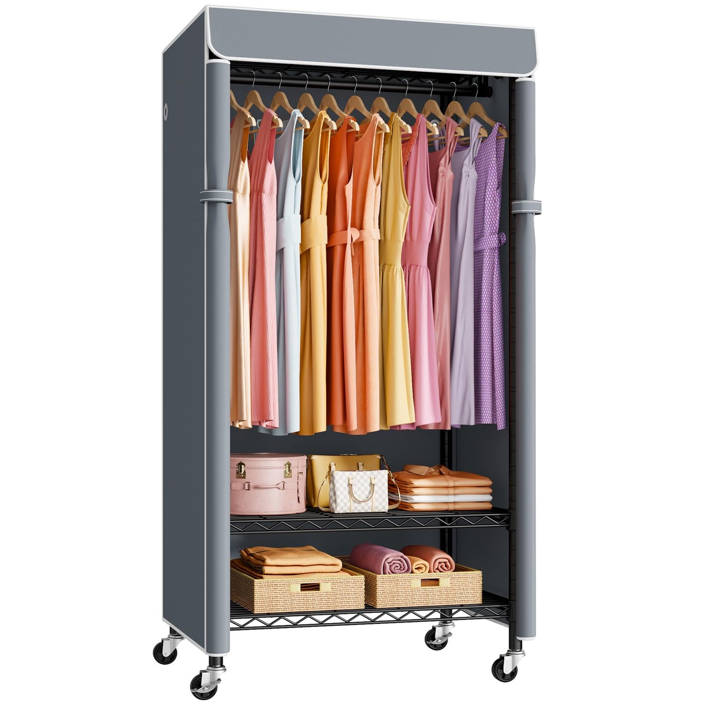 ULIFHOME P6C Plus Rolling Clothes Rack with Cover, Covered Clothing Rack