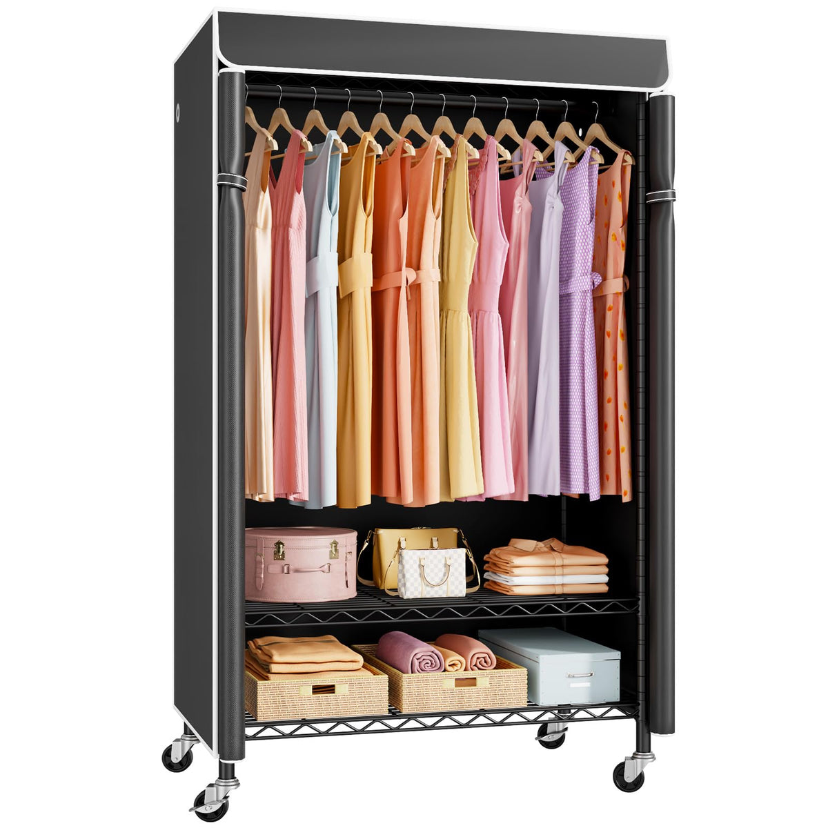 ULIFHOME P6C Plus Rolling Clothes Rack with Cover, Covered Clothing Rack