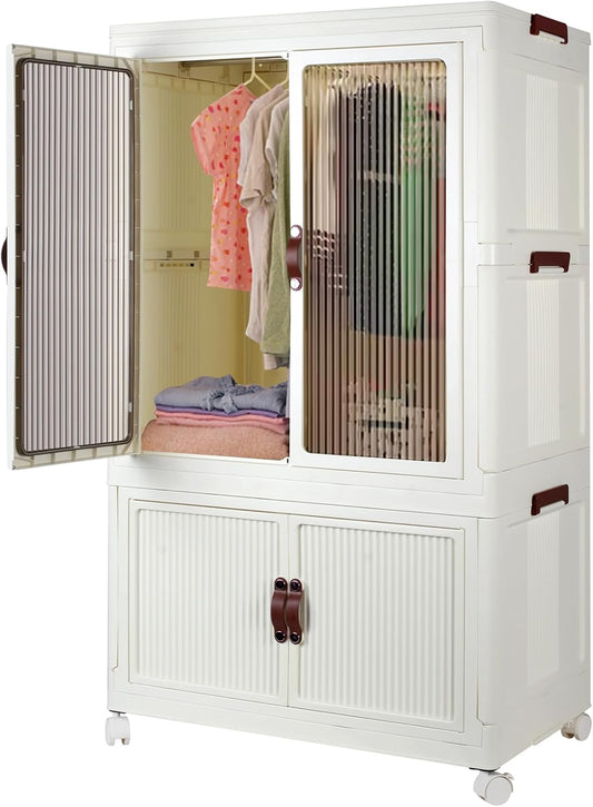 FozsKeylf Stackable Closet Storage Bins, Collapsible Clothes Organizers, Portable Wardrobe Closet with Lids and Doors, Movable Clothes Storage with Coat Hangers, White