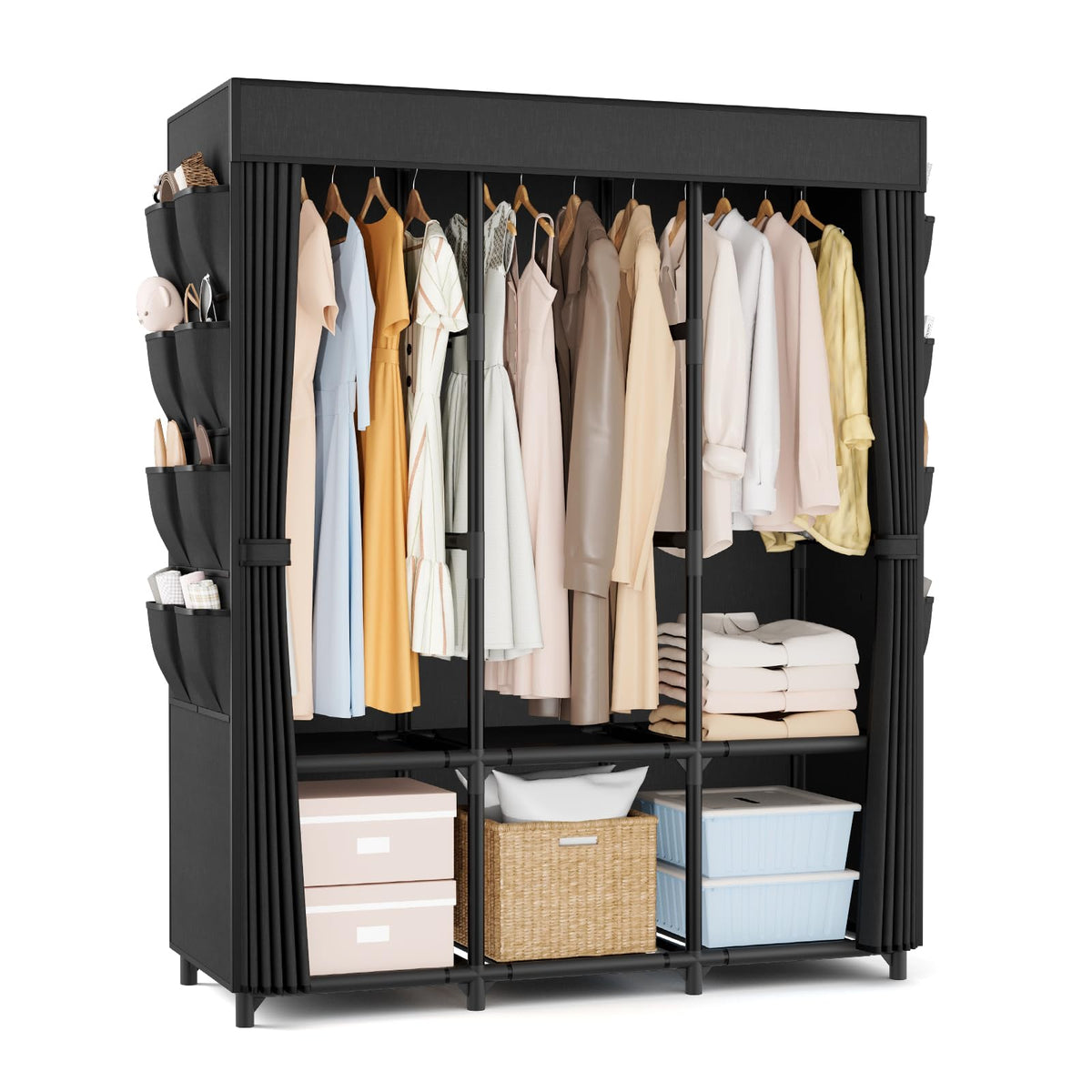 Portable Closet for Hanging Clothes, 67 Inch Wide Portable Wardrobe Closet with Cover, 4 Hanging Rod, Storage Shelves and Side Pockets, Large Free Standing Closet for Bedroom, Black