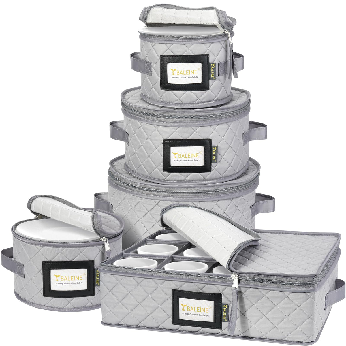 BALEINE China Storage Containers, Sturdy Quilted Wine Glass Storage, Plate Organizer with Carry Handles, Moving Boxes for Dishes, Cups, Mugs and Stemware (Plate Mug Combo, Soft Shell Cream)