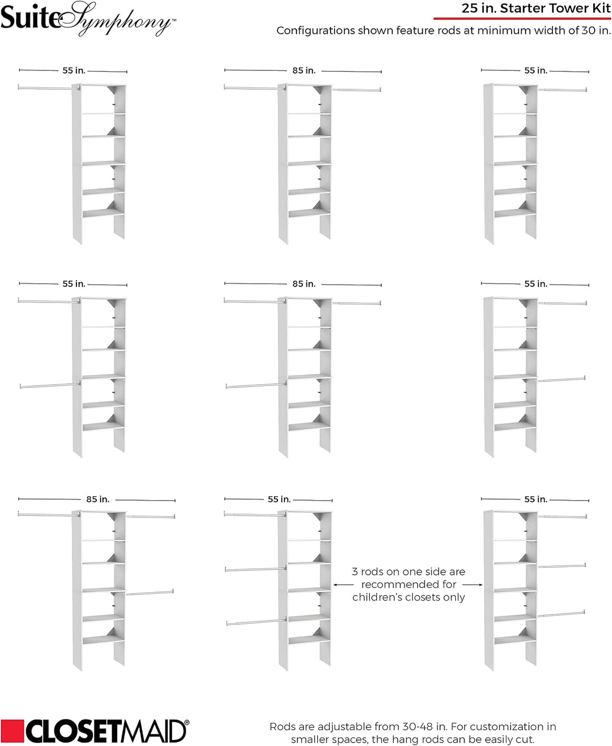 ClosetMaid SuiteSymphony Wood Closet Organizer System, 25-Inch Starter Kit with Tower and 3 Hang Rods and Shelving, Adjustable Shelves, Customizable Insert, Reach-in or Walk-in Closets, Pure White