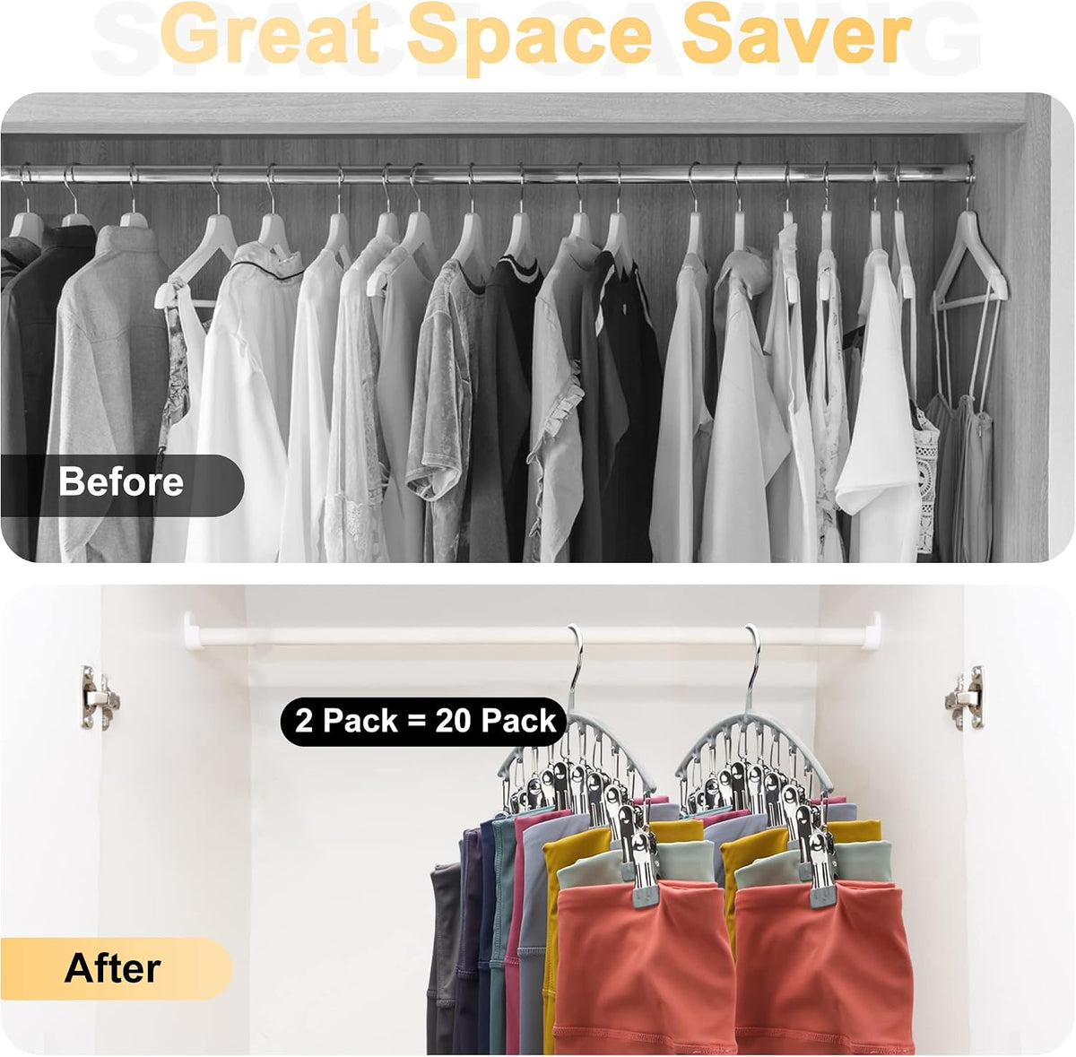 Volnamal Legging Organizer for Closet, Metal Yoga Pants Hanger w/Rubber Coated 2 Pack w/10 Clips Hold 20 Leggings, Hangers Space Saving Hanging Closet Organizer for Closet Organizers and Storage-Grey