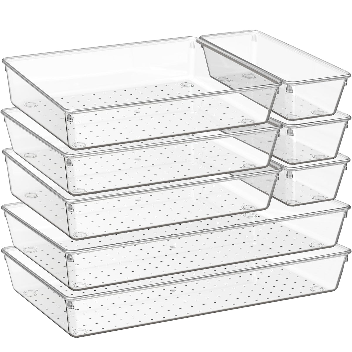 6 Pack Large Clear Plastic Drawer Organizer Trays, Acrylic Kitchen Drawer Organization and Storage Dividers, Non-Slip Storage Bins for Makeup, Kitchen Utensils, Bathroom, Jewelries and Office Desk