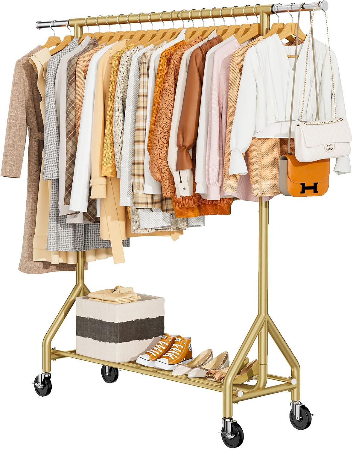 HYSEYY Heavy Duty Clothes Rack Load 450 LBS, Metal Garment Rack, Standing Rolling Clothing Rack for Hanging Clothes with Sturdy Wheels & Shelves, Portable Closet Wardrobe Rack,Sliver