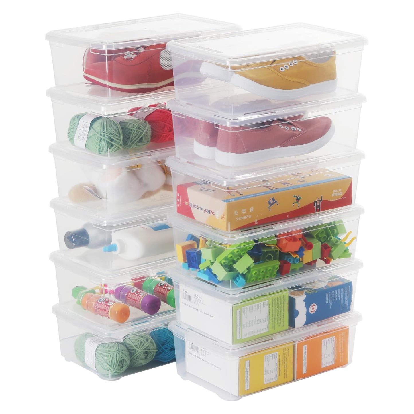 Stackable Plastic Storage Shoebox, BPA-Free Nestable Container with Latching Lid to Organize Shoes, See-Through Box for Home and Office, Multi-Purpose Clear Bins (12 Pack 6 Quart)