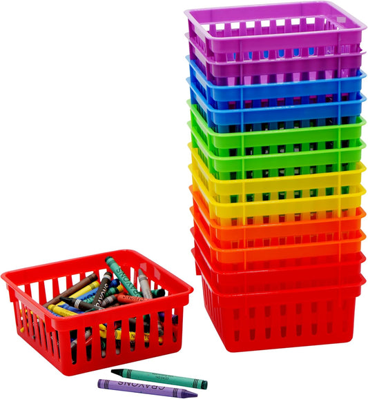4E's Novelty 12 Pack Small Classroom Storage Baskets, Square 4.5" Sturdy Plastic Colorful Crayon & Pencil Container, Organizer Bins for Desk for Classrooms Supplies, Office, Toy Storage