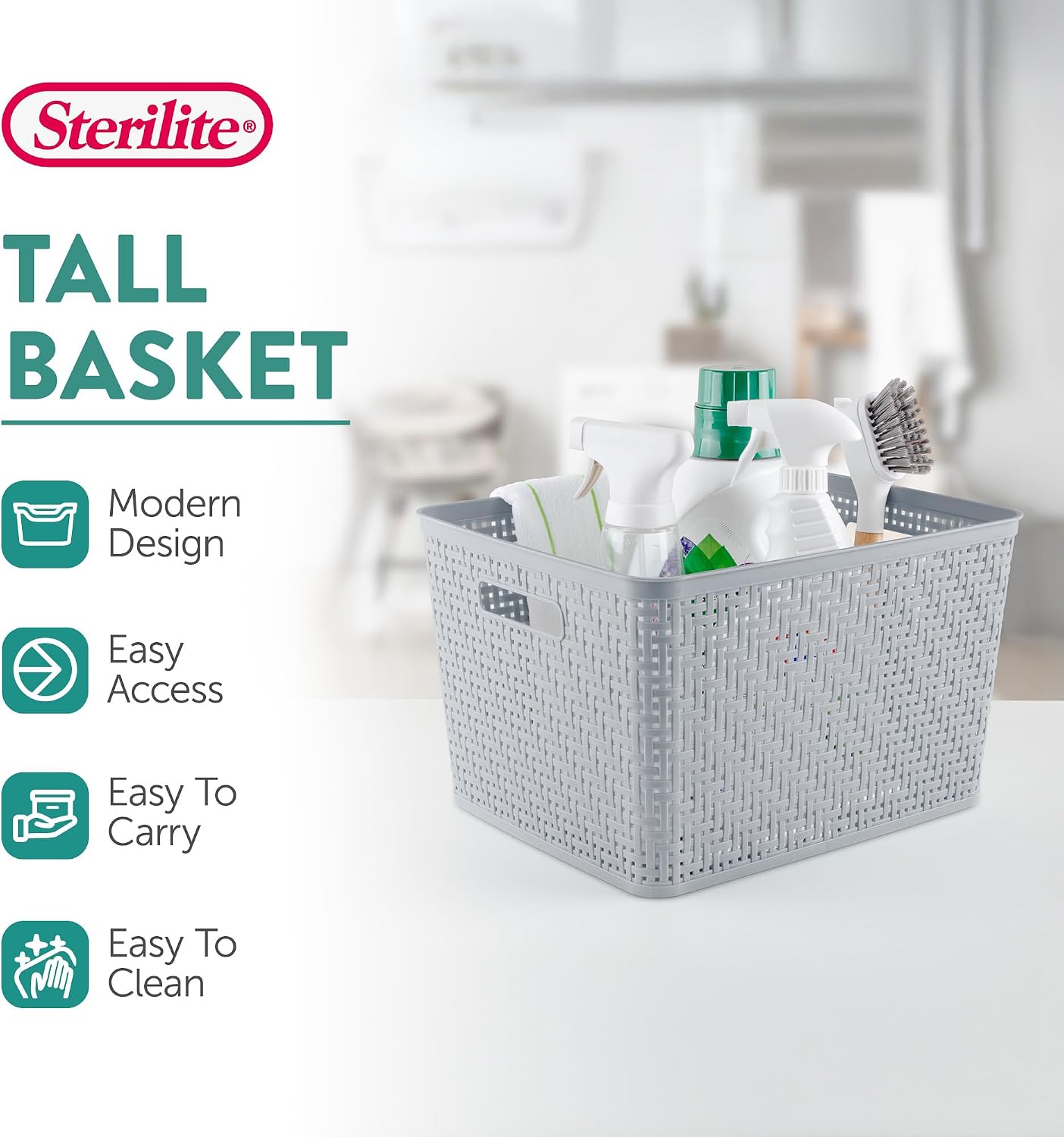 Sterilite Tall Basket, Woven Plastic Storage Organizer Bin, Cement, 6-Pack