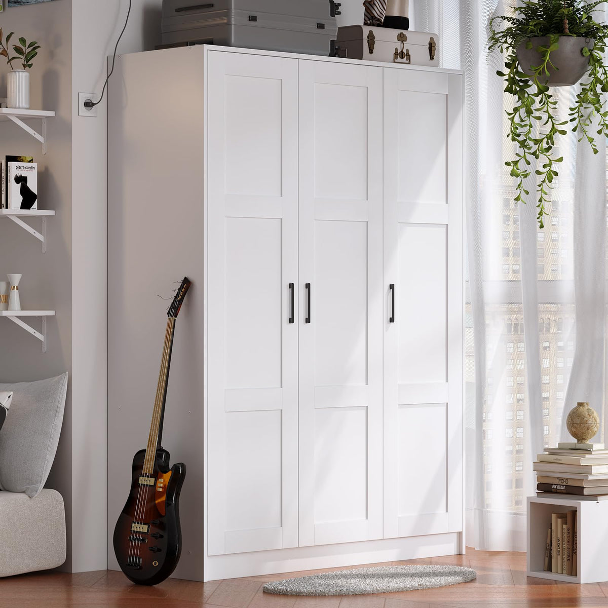 Fenghua Lizhi 3 Doors Wooden Wardrobe Closet Armoire, White Storage Cabinet for Hanging Clothes, Bedroom Large Capacity Freestanding Armoire,Wood Wardrobe Combination with Shelves (2drawer, White)