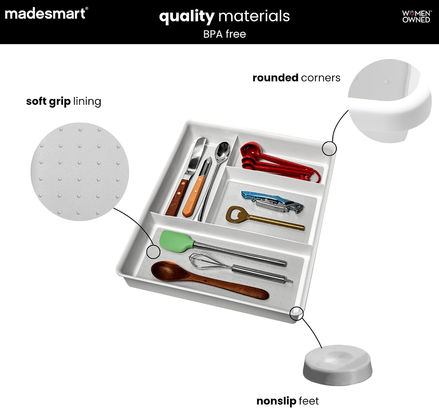 madesmart Classic 4 Compartment Drawer Organizer, White