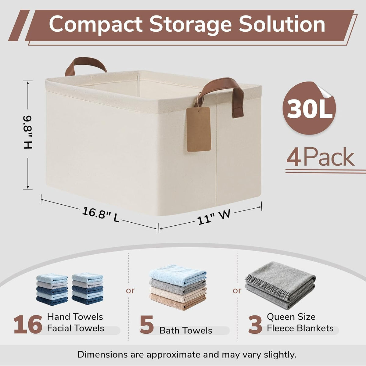 CHICVITA 4 Pack Large Fabric Storage Baskets for Shelves, 30L Beige