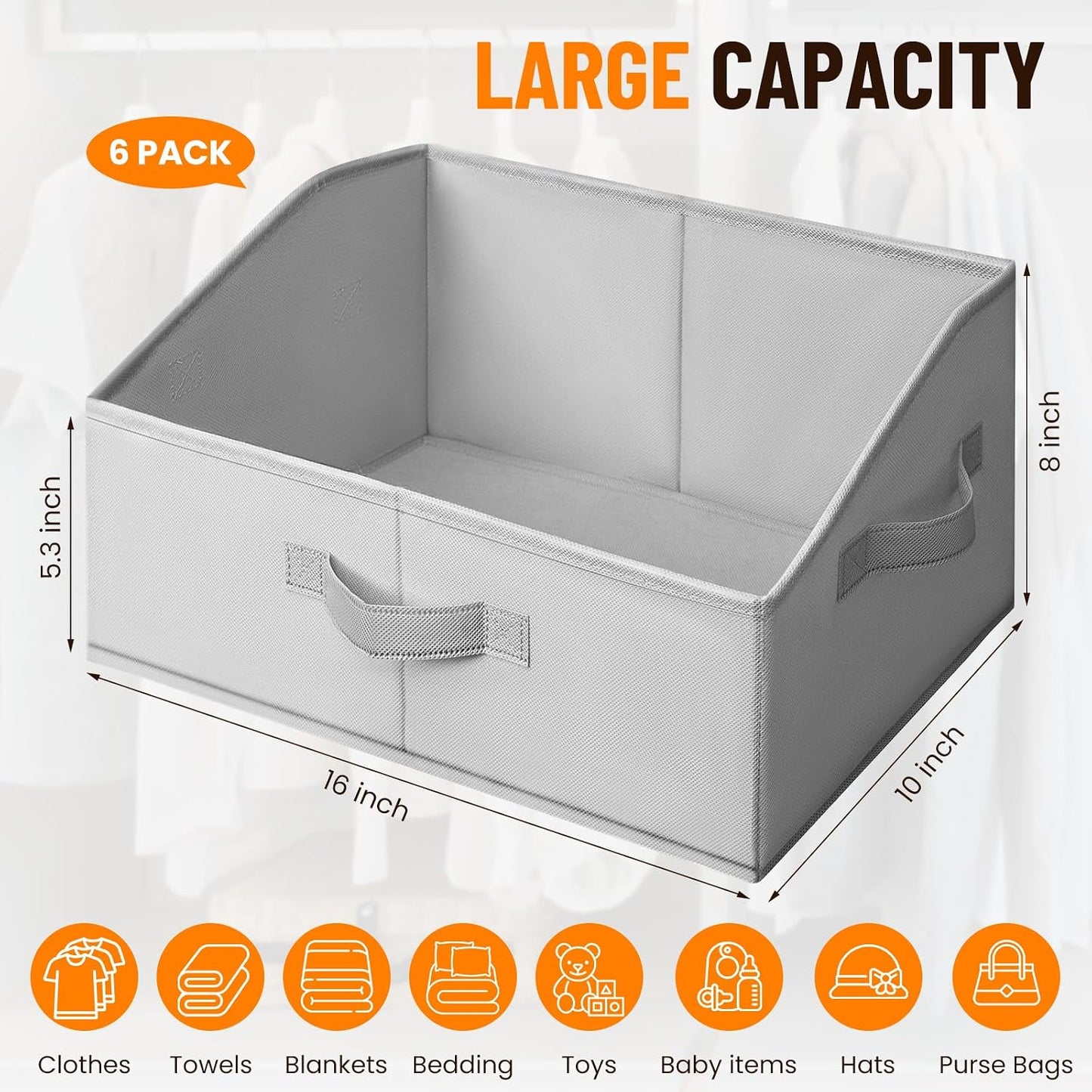 Criusia Closet Organizers Bins 6 Pack - Large Closet Shelf Organizer with Handles - Fabric Trapezoid Home Organization and Storage Baskets for Organizing Clothes Toy Blanket Towel Purse Hats