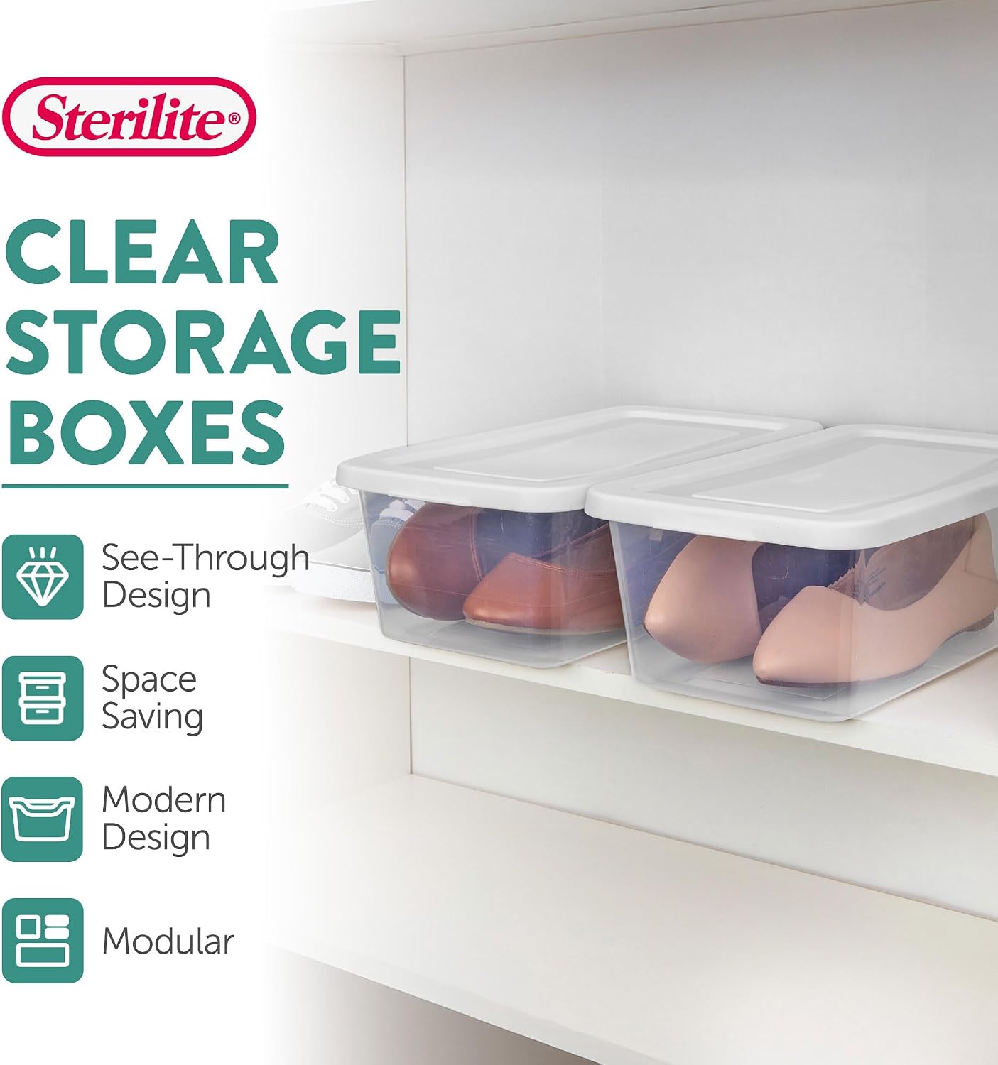 Sterilite Storage Boxes, Stackable Clear Plastic Bins, 6 Quart, 12-Pack