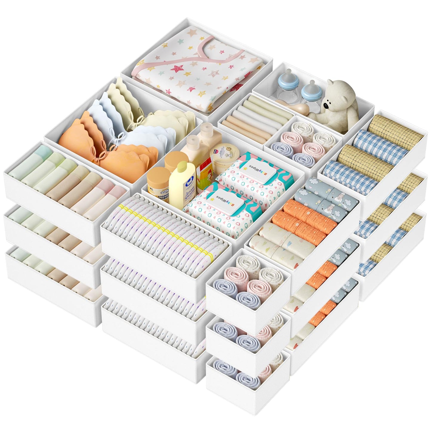 DIMJ Drawer Organizer Clothes 15 Pack - Foldable Baby Organizers and Storage & Closet Organizers for Bedroom, Closet - Nursery Organization Dresser Dividers for underwear, Sock,Bra, Belt, Tie, Beige