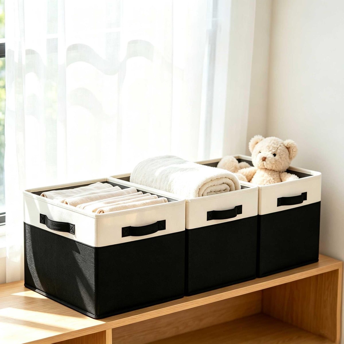 GhvyenntteS Large Fabric Storage Bins with 3 Handles, 15x11x9.6 Inch Storage Baskets for Shelves, Foldable Closet Storage Bins for Shelves, Closet Organizers and Storage Boxes 3 Pack