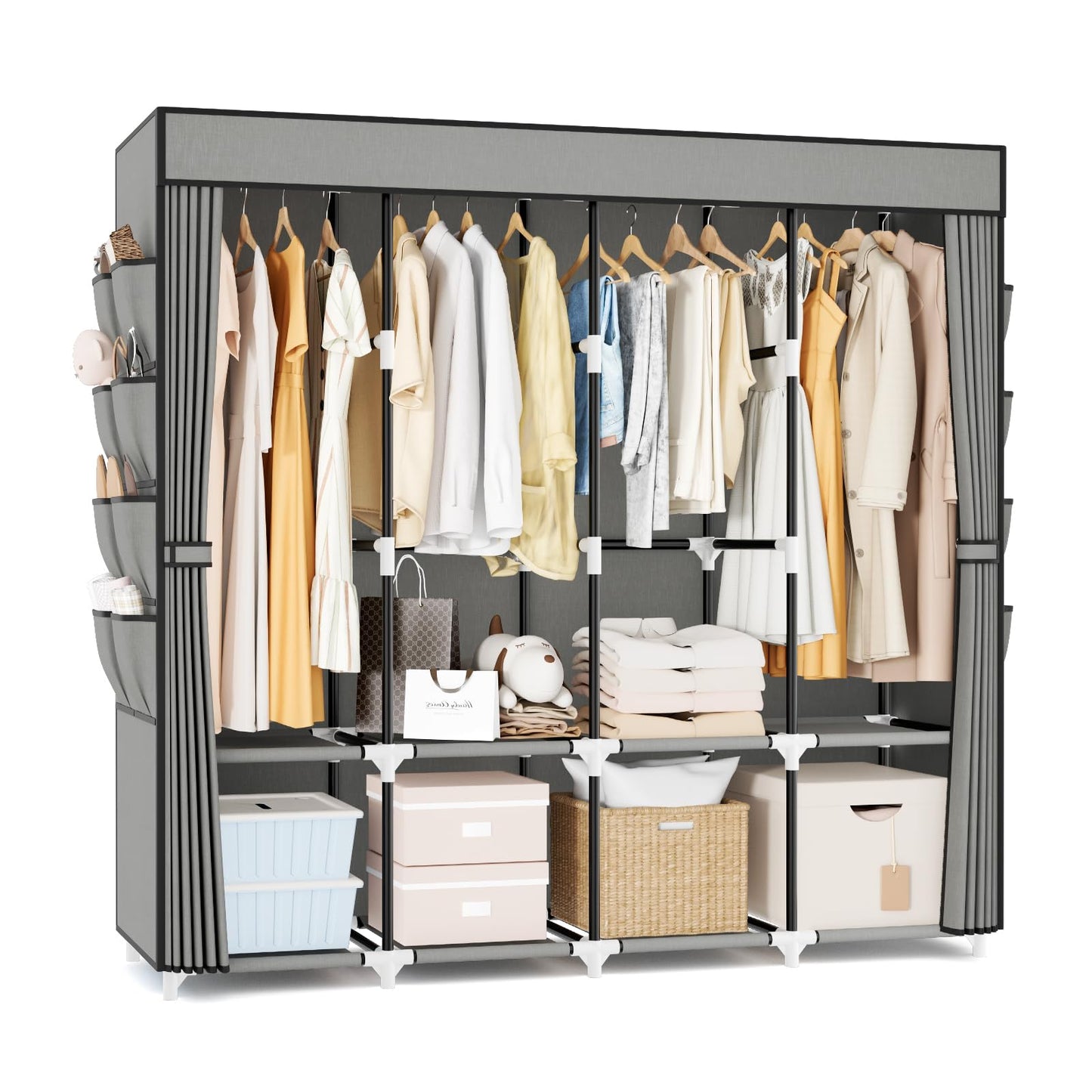 Portable Closet for Hanging Clothes, 67 Inch Wide Portable Wardrobe Closet with Cover, 4 Hanging Rod, Storage Shelves and Side Pockets, Large Free Standing Closet for Bedroom, Black