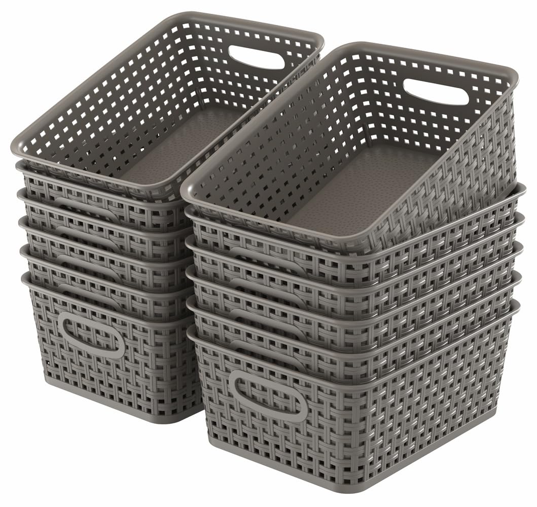 WYT 6-Pack Plastic Small Shelf Storage Weave Baskets Organizing for Cabinets and Pantries, Deep Purple