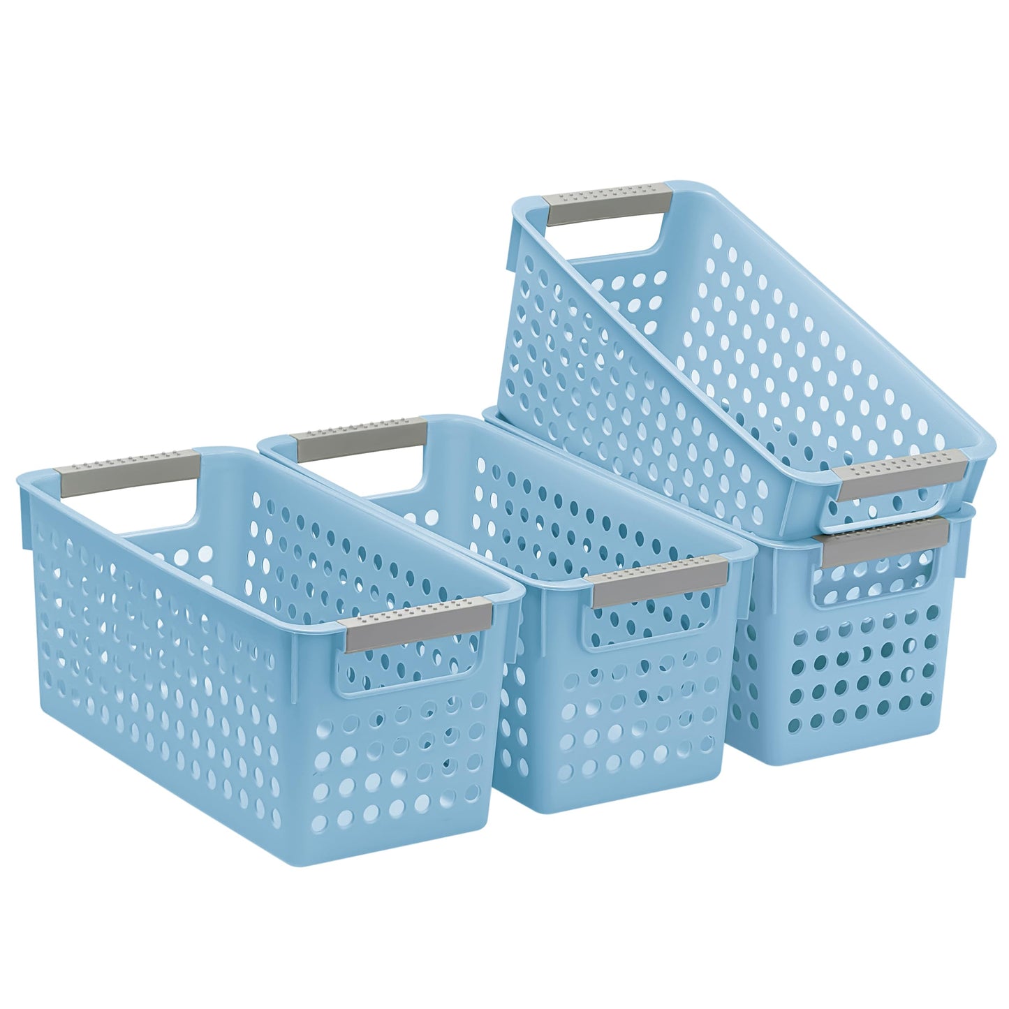 Soddeph 4 Pack Slim Plastic Storage Basket with Handles, Rectangular Storage Bins for Shelves,Narrow Organizer box for Organizing, Kitchen,Home,Office (White, Small)