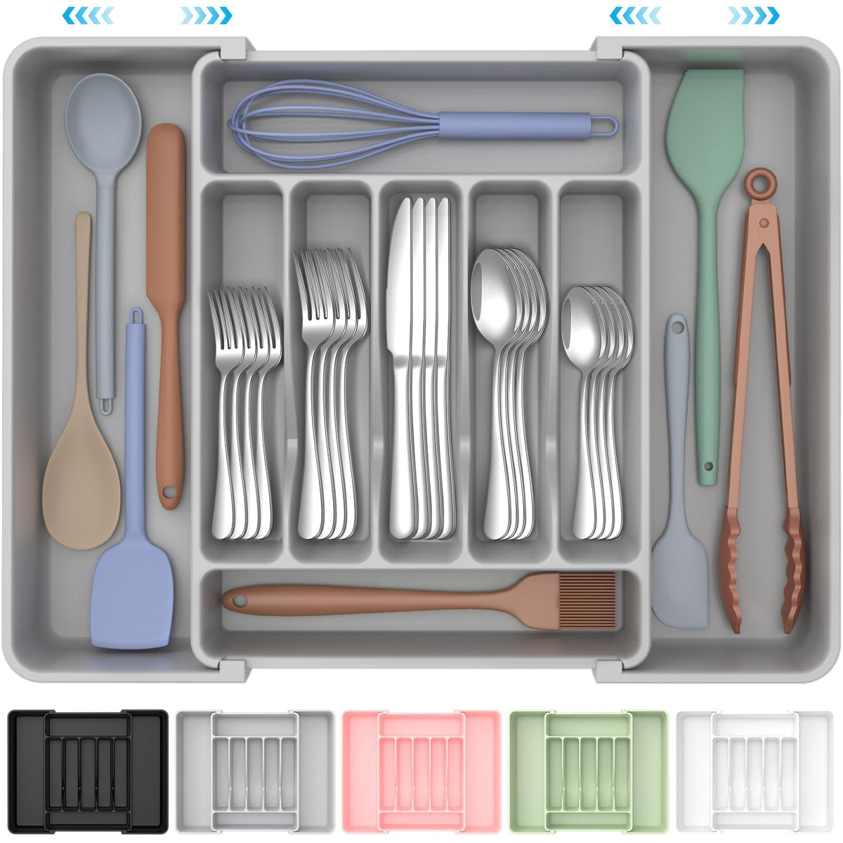 ukeetap Extra Large Expandable Silverware Organizer, Flatware Tray, Black