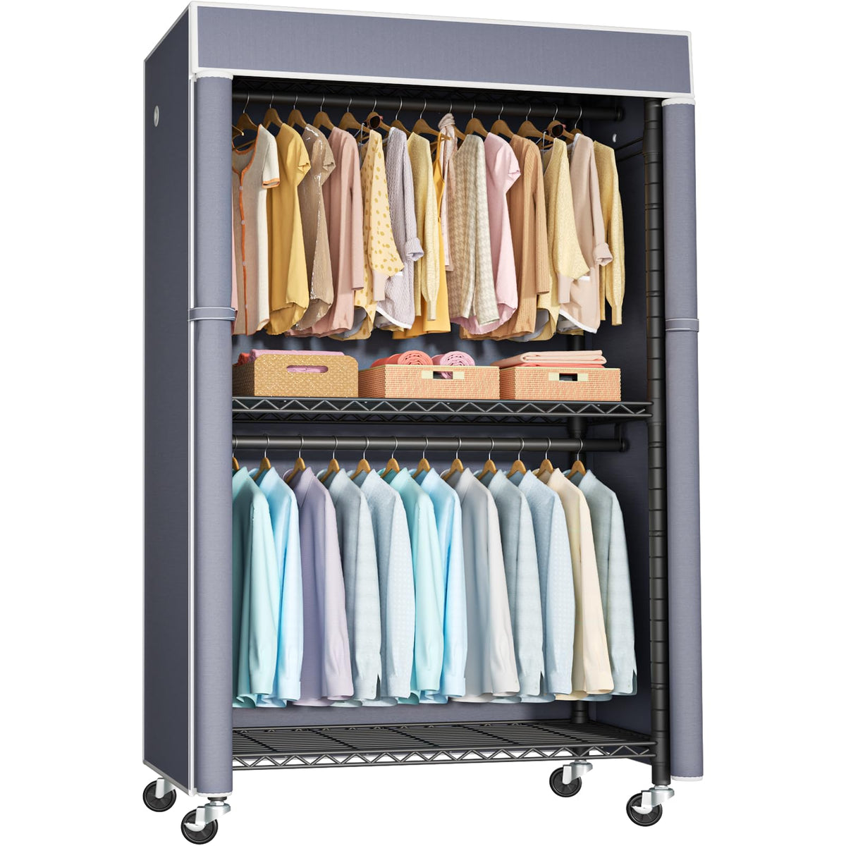 FUTASSI Clothing Rack with Cover, P1C Rolling Closets with Wheels
