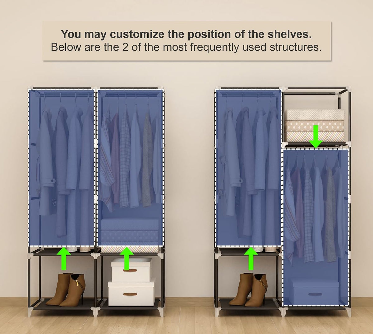35“ Portable Closet Wardrobe for Small Room, Hanging Rods Shelves & Cover