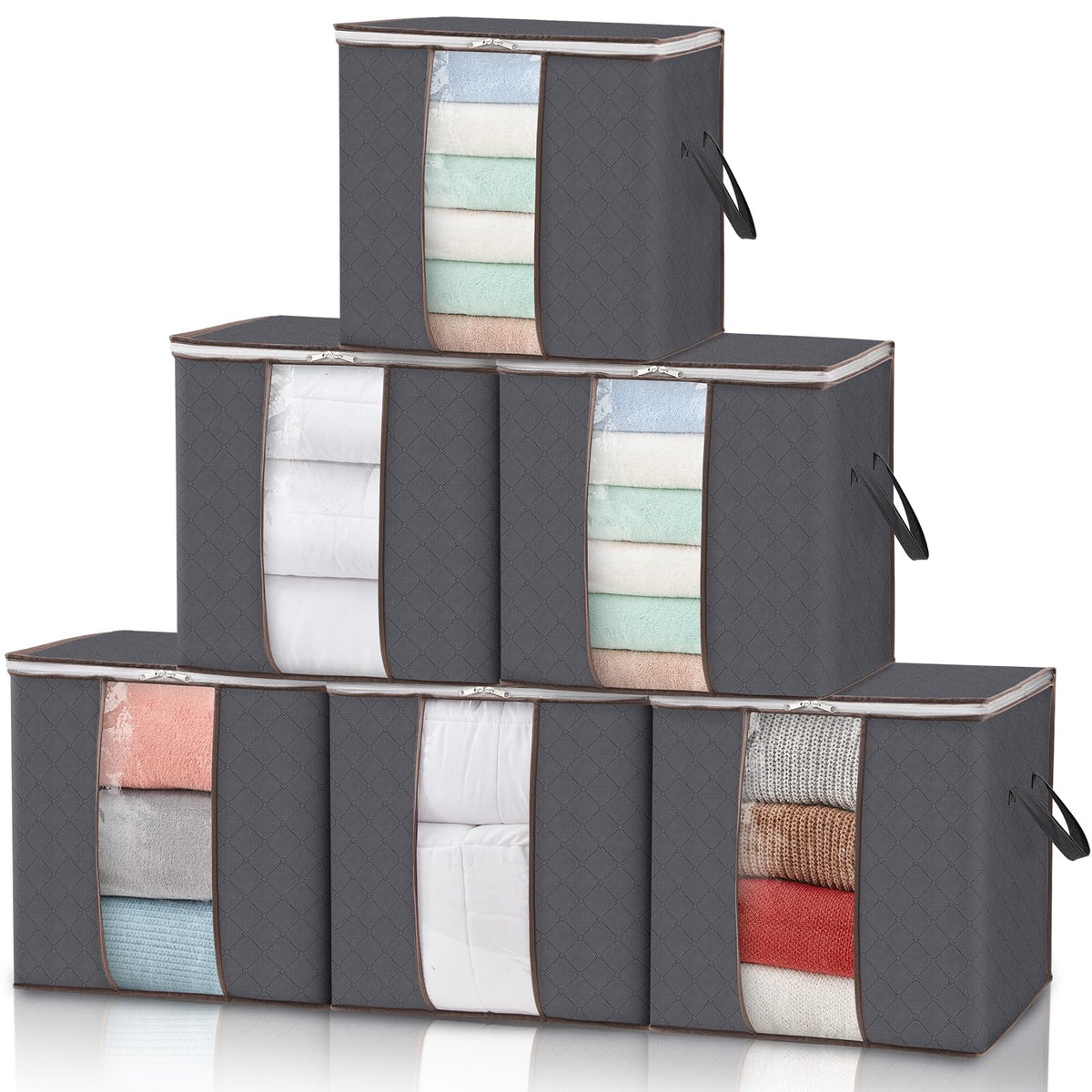 Lifewit 6 Pack Clothes Storage Bins with Lids, Foldable Blanket Storage Bags with Zippers, Clear Window and Reinforced Handles, Closet and Organization for Clothing, Sweater, Comforter, Bedding