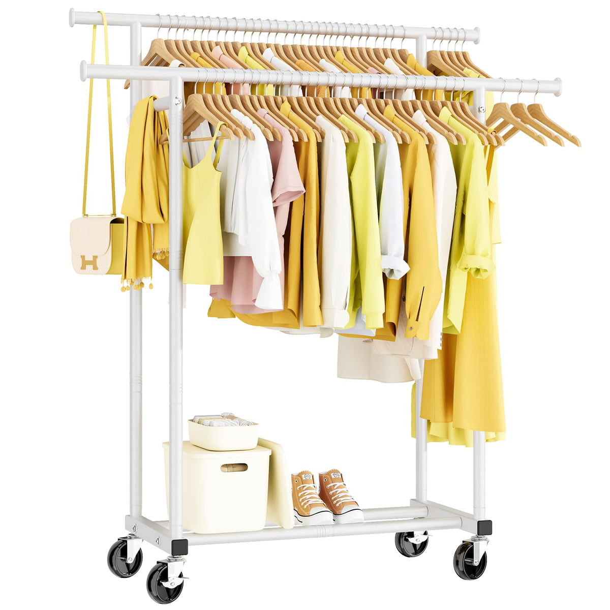 HYSEYY Double Rods Clothes Rack, Rolling Clothing Rack for Hanging Clothes Portable Wardrobe Rack, Metal Garment Rack Sturdy Coat Rack for Bedroom Laundry Living Room, Black