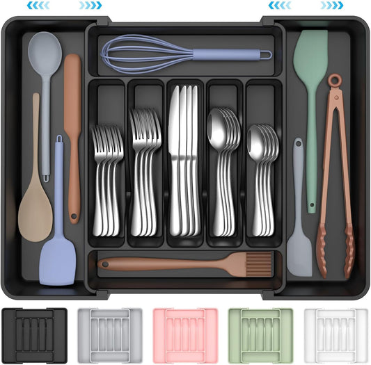 ukeetap Extra Large Expandable Silverware Organizer, Flatware Tray, Black