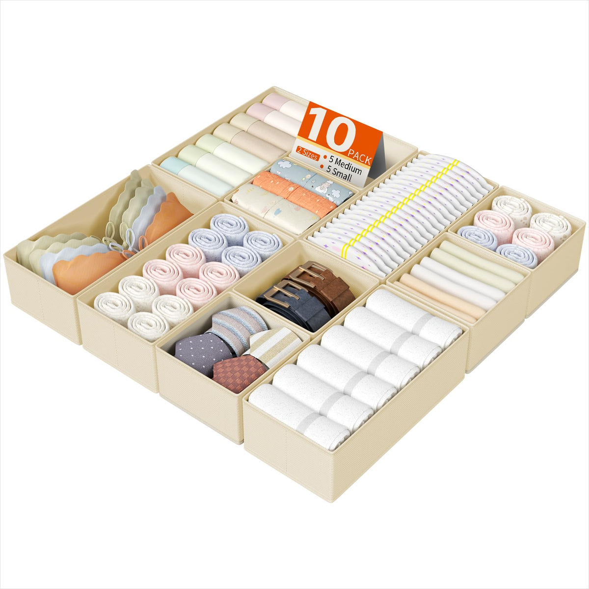 DIMJ Drawer Organizers Clothes, Dresser Organizer Bins for Baby Clothes,Underwear and Sock, Fabric Closet Organization and Storage Boxs, Drawer Dividers for Nursery, Clothing, Tie - 4 Pack, Beige