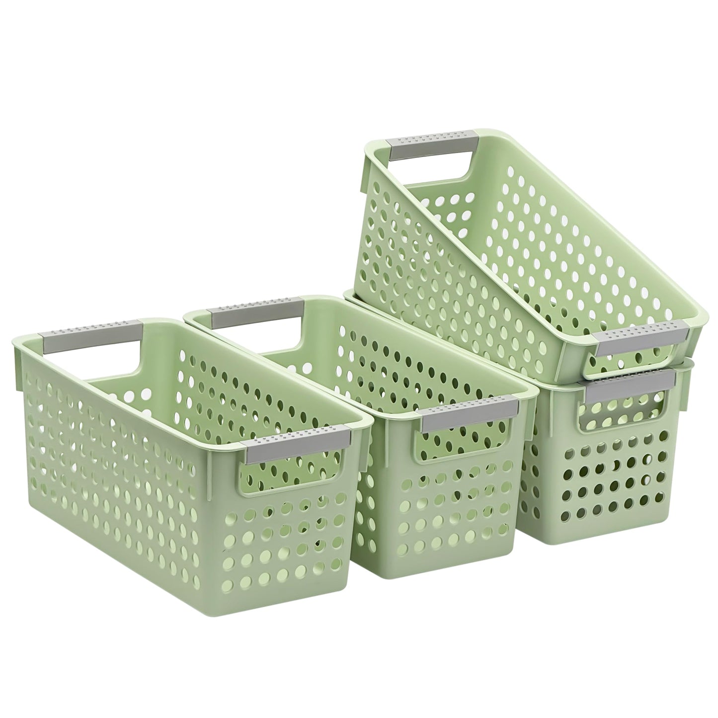 Soddeph 4 Pack Slim Plastic Storage Basket with Handles, Rectangular Storage Bins for Shelves,Narrow Organizer box for Organizing, Kitchen,Home,Office (White, Small)