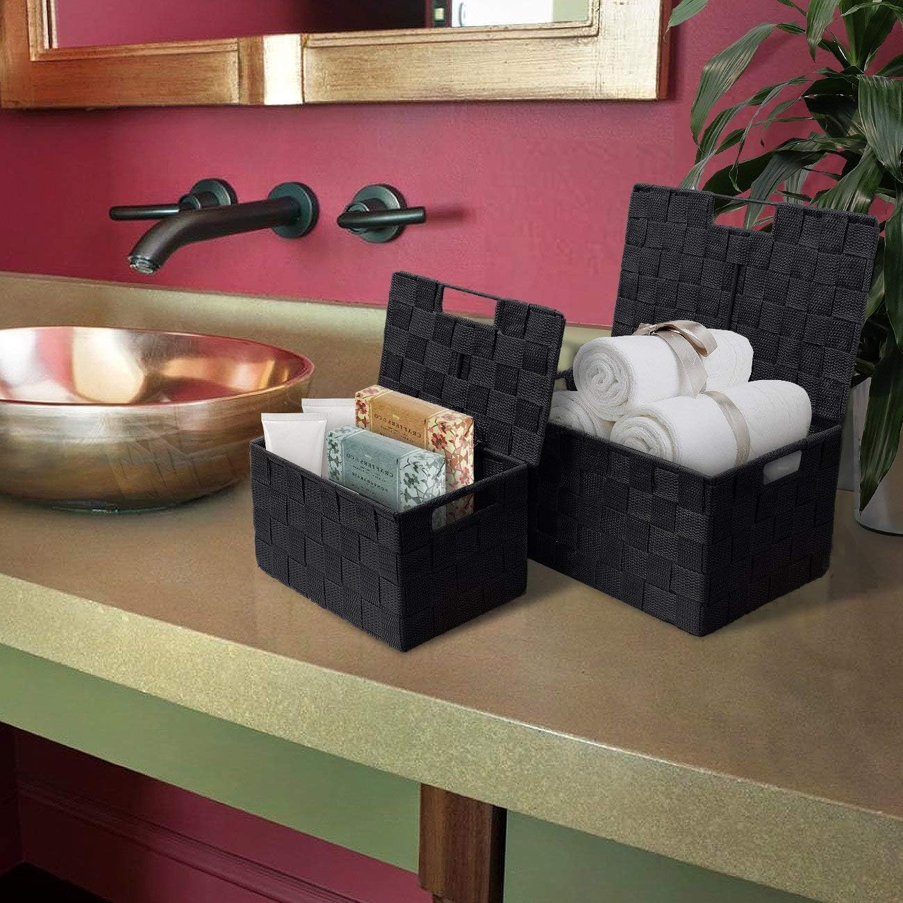 Sorbus Storage Basket with Lid, 3-Piece Woven Set for Shelves (Black)