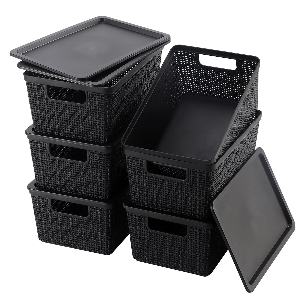 6 Pack Plastic Storage Baskets with Lid,White Stackable Bins