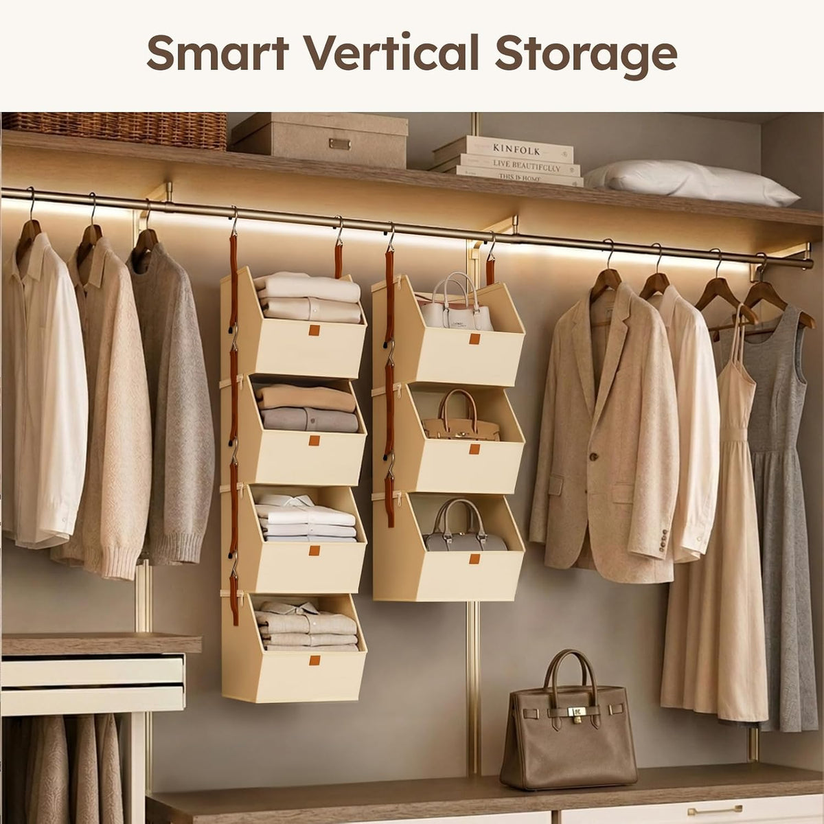 Homsorout Hanging Closet Organizer 4 Tier - Clothes Hanging Shelves, Space-Saving Closet System, Fabric Storage Bins Bedroom Organization, Collapsible Baskets for Home, Dorm, Rv, Beige
