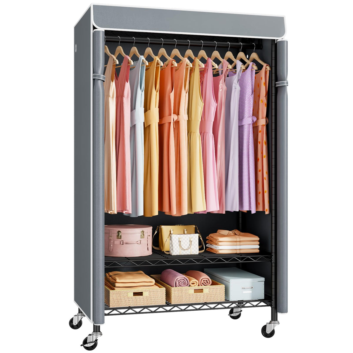 ULIFHOME P6C Plus Rolling Clothes Rack with Cover, Covered Clothing Rack