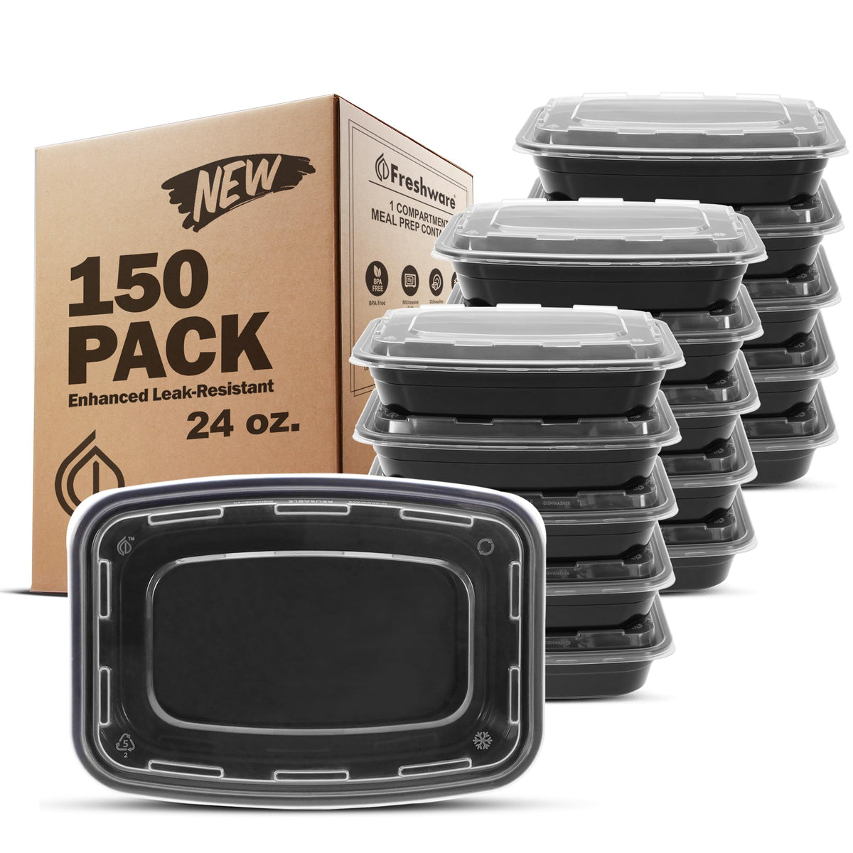Freshware Meal Prep Containers [50 Pack] 1 Compartment with Lids, Food Storage Containers, Bento Box, BPA Free, Stackable, Microwave/Dishwasher/Freezer Safe (24 oz)