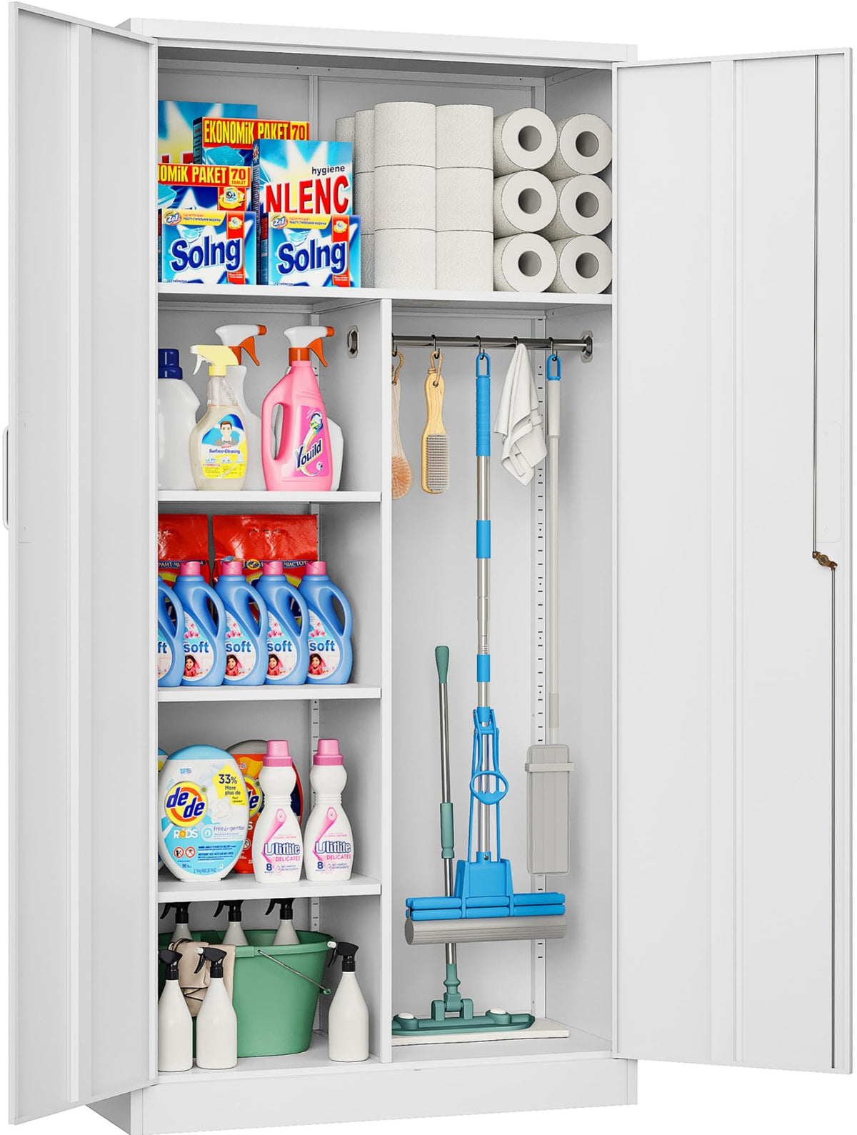 Wide & Deep Metal Storage Cabinet with Hanging Rod,Black Broom Closet Storage Cabinet with Lock,72" Tall Wardrobe Cabinets with Doors and Shelves,Locking Steel Tool Cabinets for Home,Office,Garage