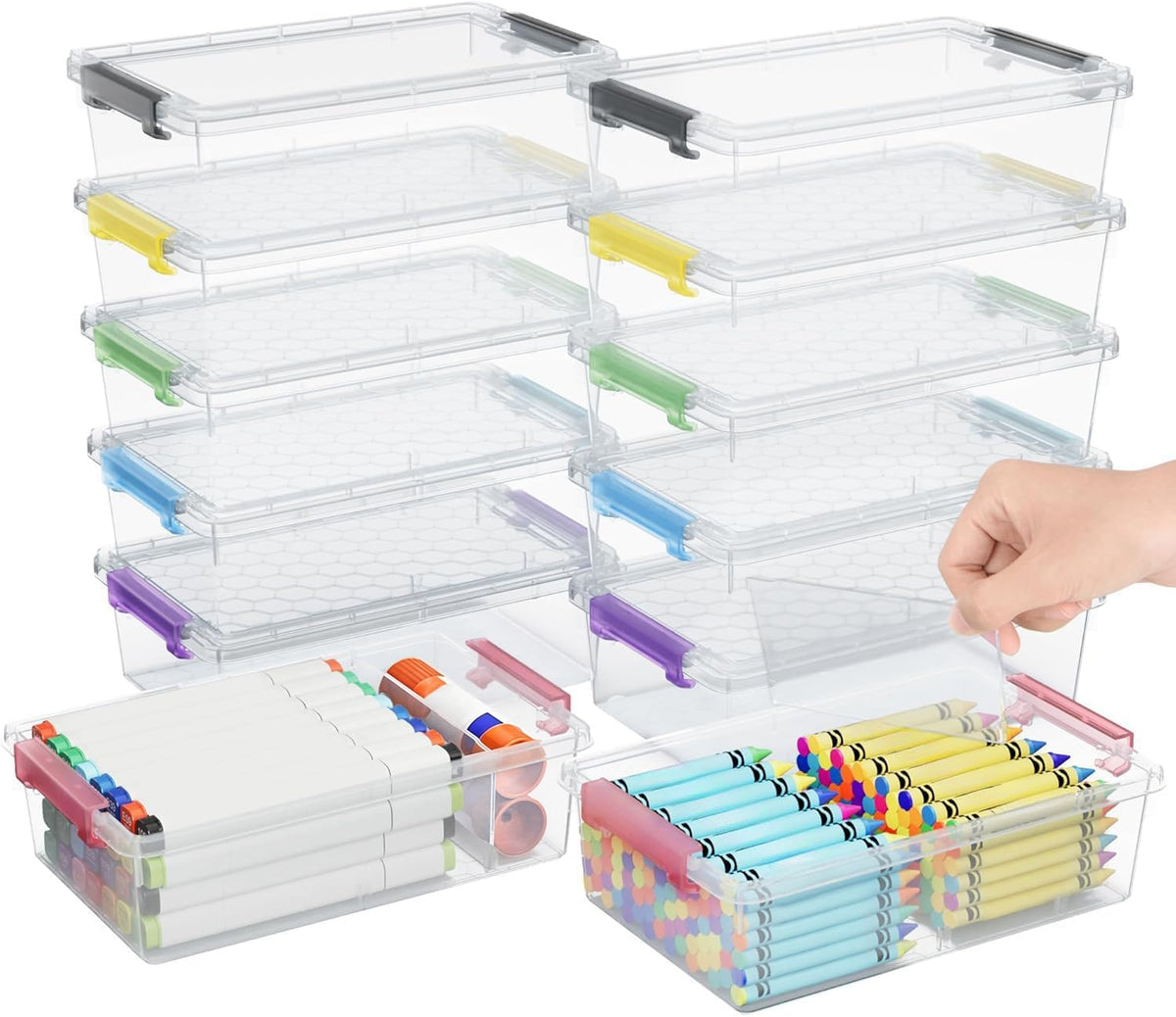 6 Pack Extra Large Pencil Box with Removable Divider, Thickened Pencil Case Bulk, Clear Crayon Marker Organizer Stackable Plastic Small Storage Containers for Pen Craft School Supplies(Grey)