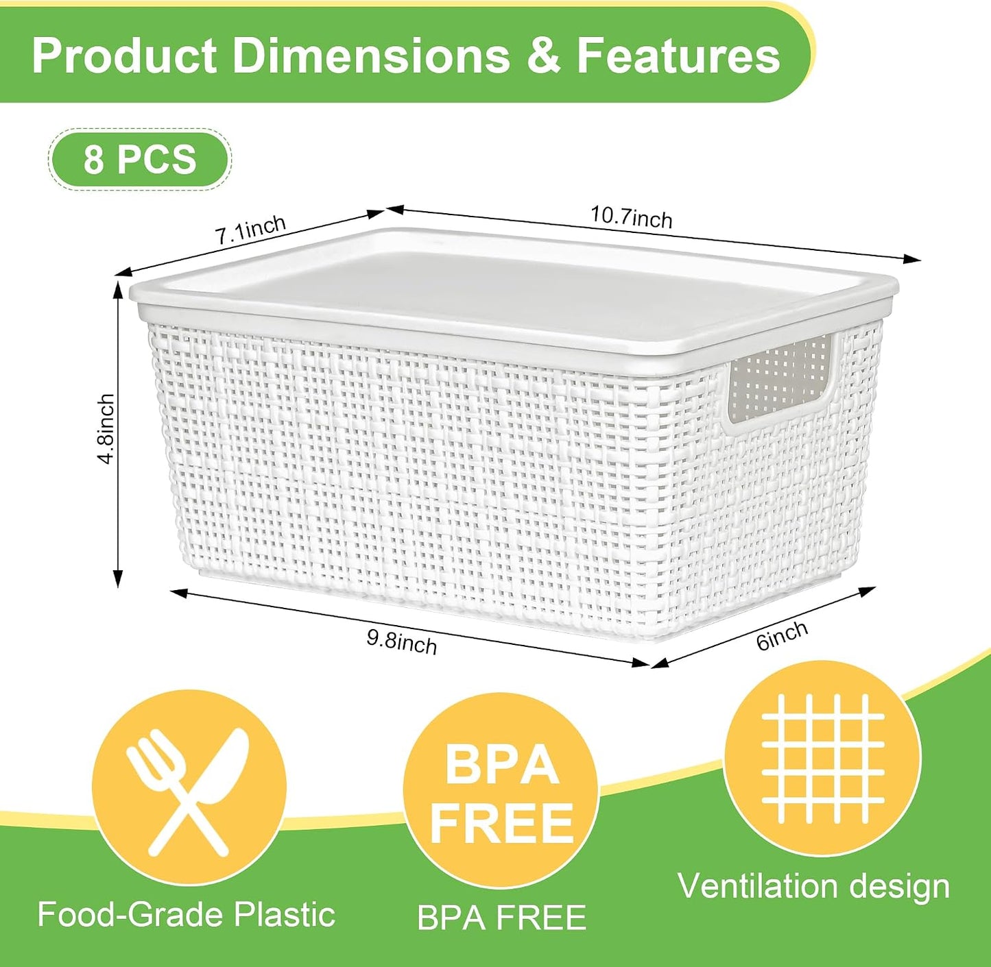 6 Pack Plastic Storage Baskets with Lid,White Stackable Bins