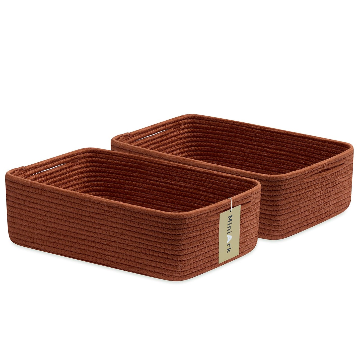 MiniArk Large Shallow Organizing Baskets 15x11x5.1 Inches - Rope Woven Storage Bins for Bathroom, Shelves, Cube Closet, Mixed Brown 2 Packs