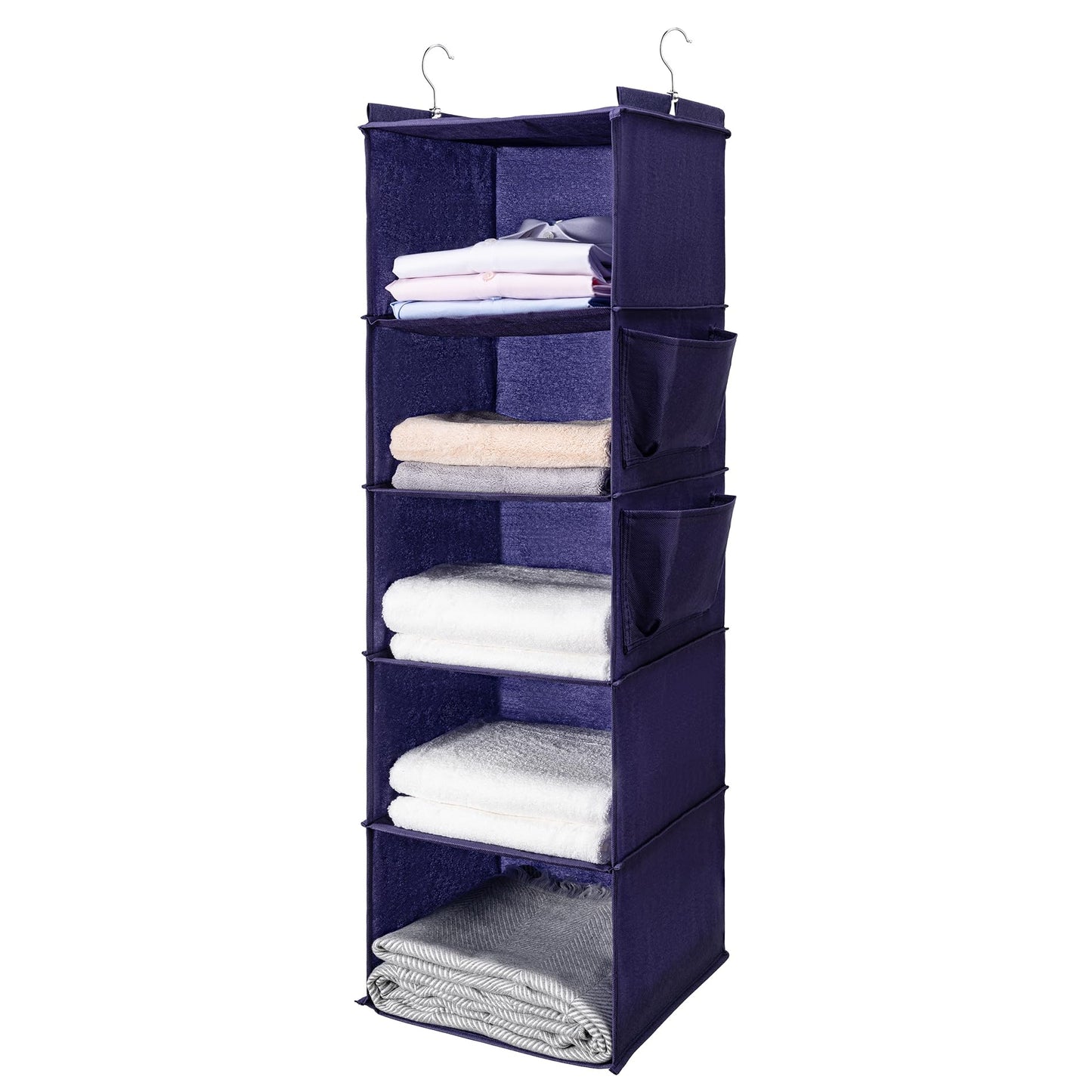 BOOMIBOO Hanging Closet Organize and Shelves，5-Hanging Shelf with 2 Side Pockets，Storage Foldable （Grey）