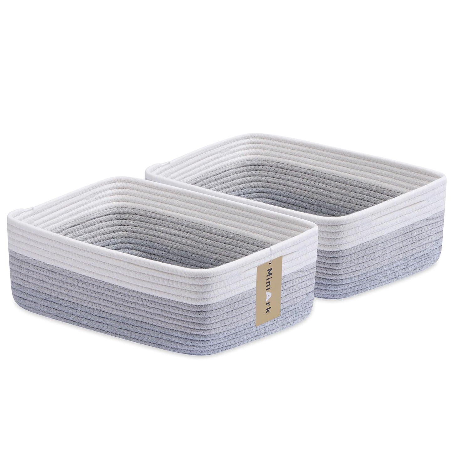 MiniArk Large Shallow Organizing Baskets 15x11x5.1 Inches - Rope Woven Storage Bins for Bathroom, Shelves, Cube Closet, Mixed Brown 2 Packs
