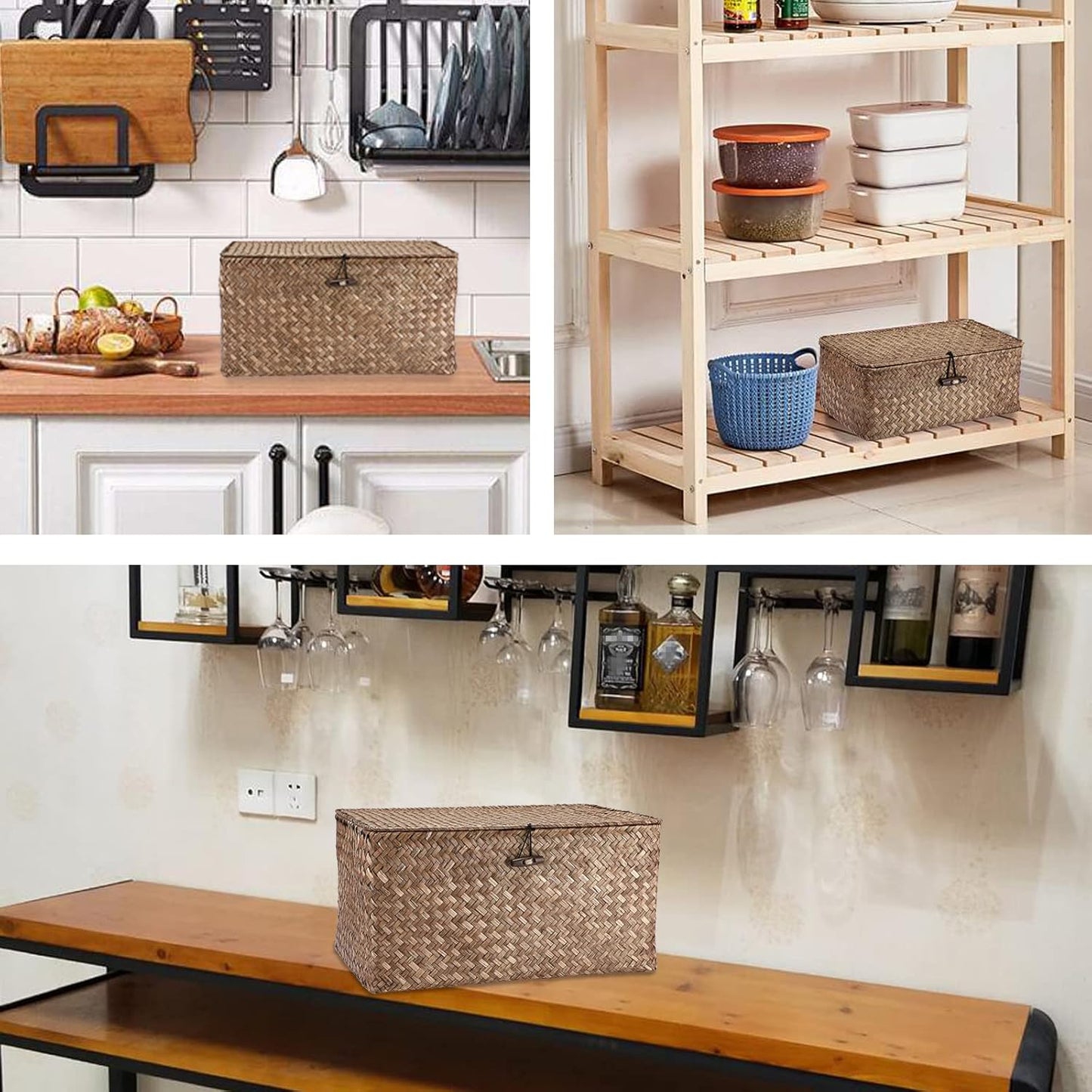 Hipiwe Wicker Shelf Baskets Bin with Lid Large Handwoven Basket Box, Coffee