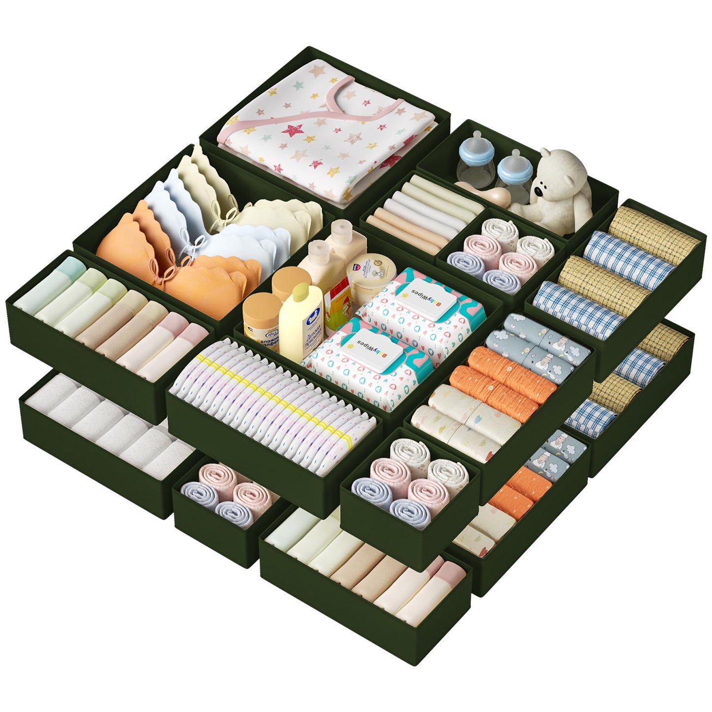 DIMJ Drawer Organizer Clothes 15 Pack - Foldable Baby Organizers and Storage & Closet Organizers for Bedroom, Closet - Nursery Organization Dresser Dividers for underwear, Sock,Bra, Belt, Tie, Beige